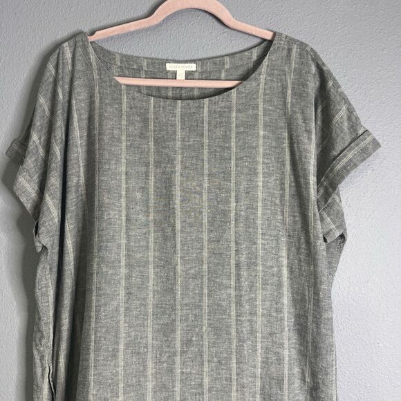 Eileen Fisher XL Gray Organic Cotton/Hemp Striped Shift Dress Lagenlook Neutral - Picture 3 of 8